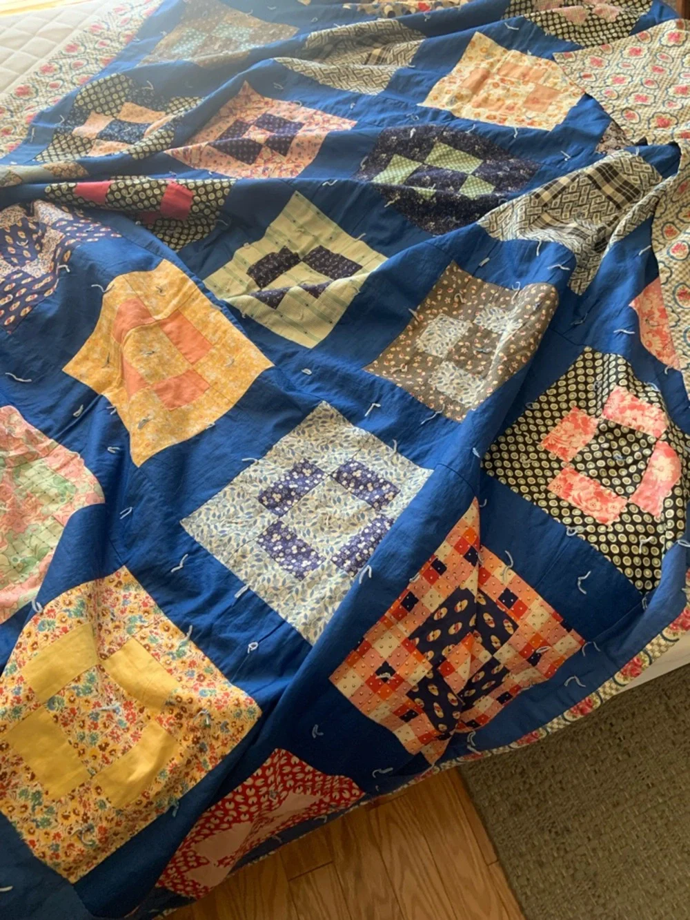 Vintage Handmade Patchwork Quilt Bedspread in Blue